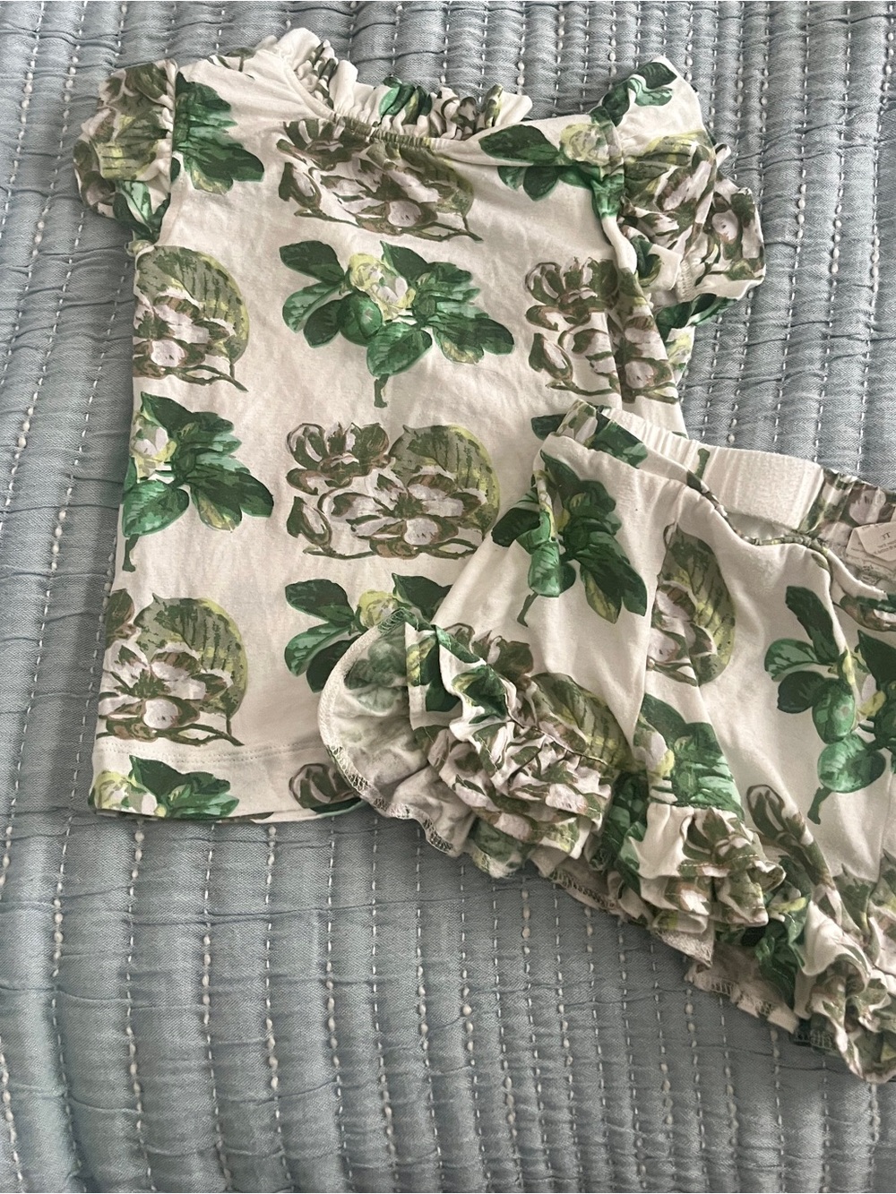 kate quinn Cream and Green Floral Ruffle Frilly Short Set